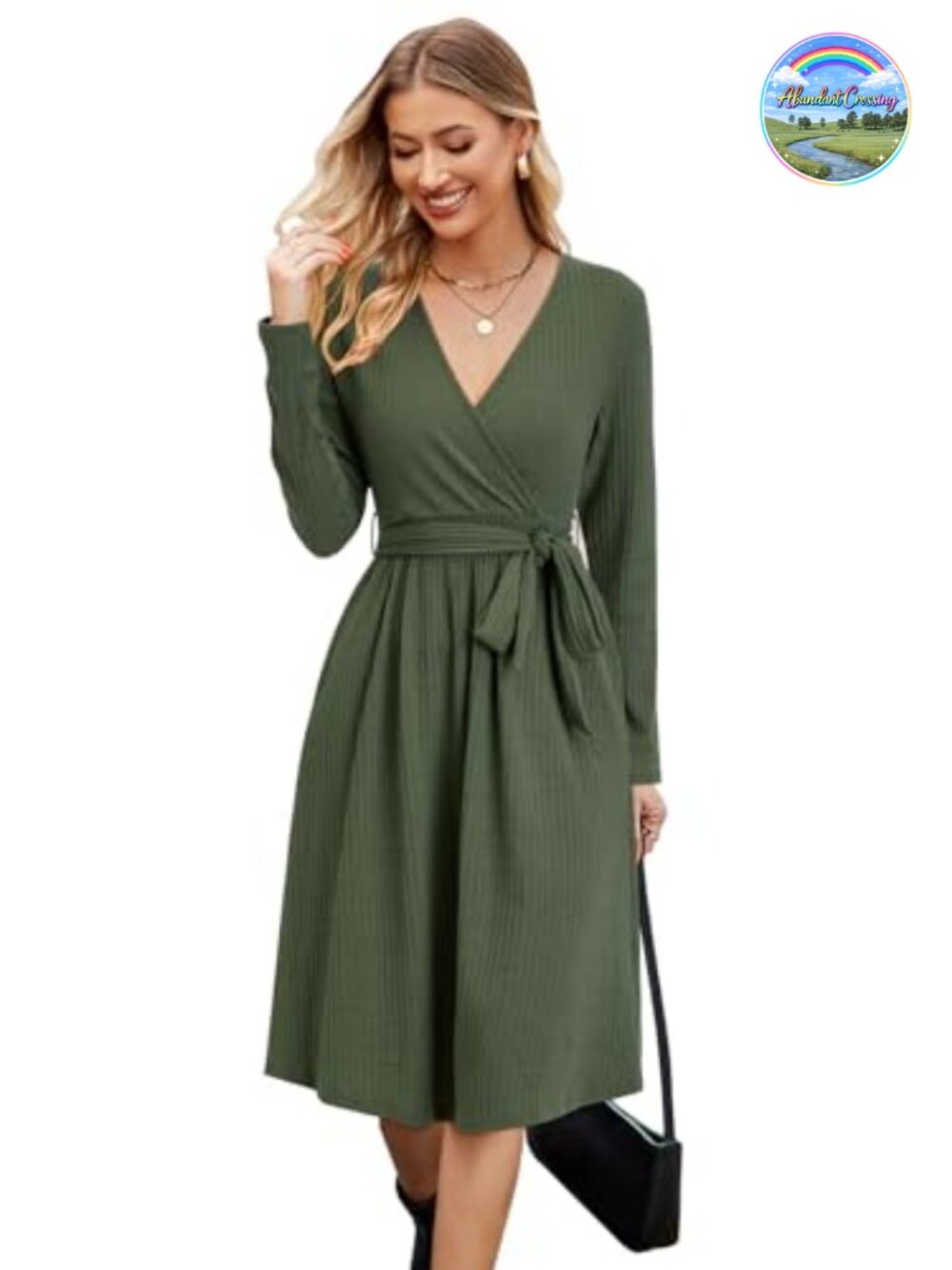 Polyester V-Neck Midi Sweater Dress Belted Long Sleeve